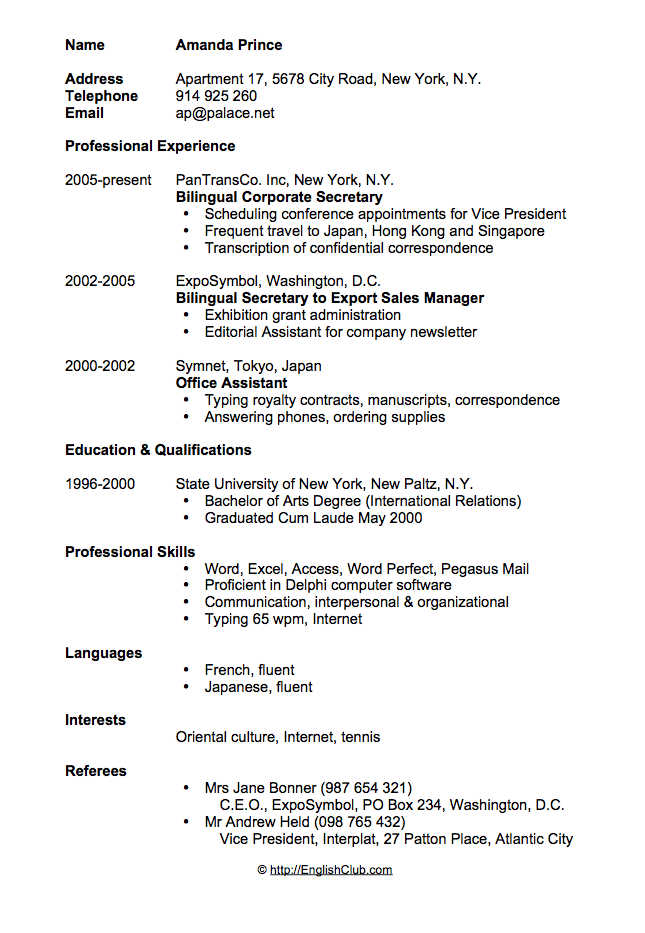 sample_resume cv_secretary