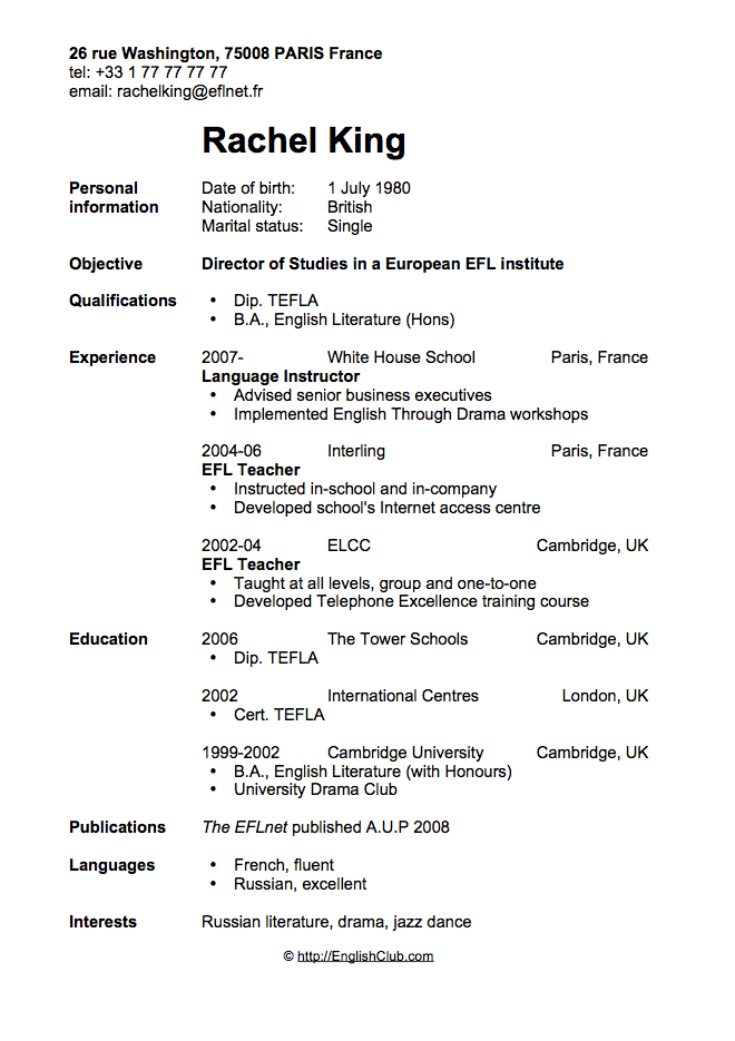 resume in english examples