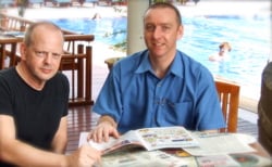 Grammarman creator Brian Boyd (right) with Josef Essberger