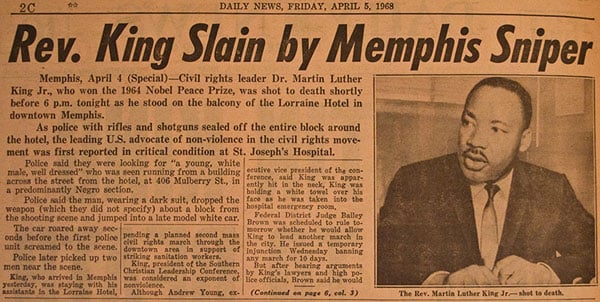 Newspaper headline records assassination of Martin Luther King