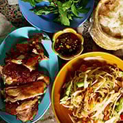 grilled chicken, som tam and sticky rice